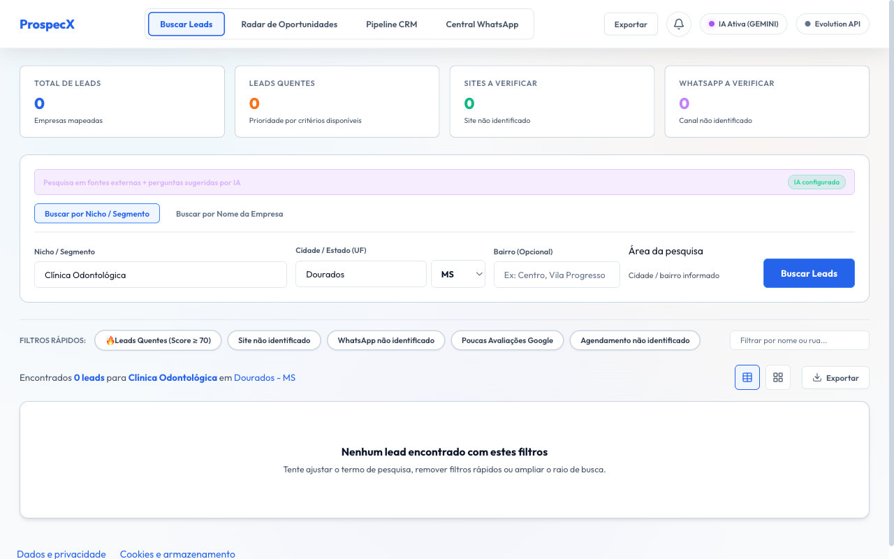 Interface da plataforma ProspecX
